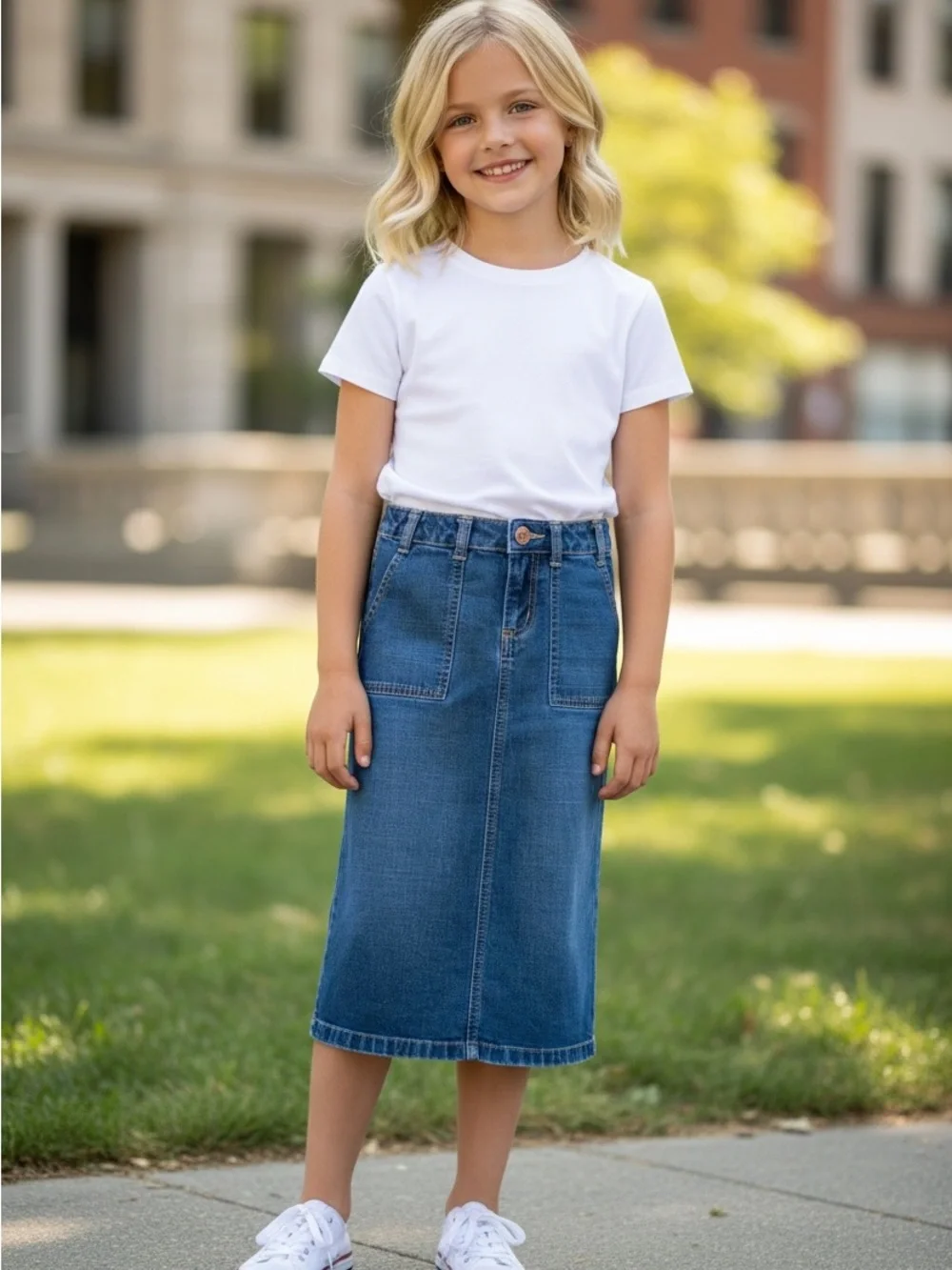 Old Navy Girls 7 Denim Midi Skirt Utility Pocket Blue Jean Y2K